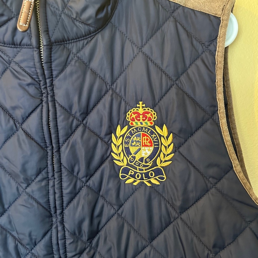 Polo Ralph Lauren Vest XL Quilted Navy Blue Brown Suede Crest Logo Classic - Picture 3 of 8